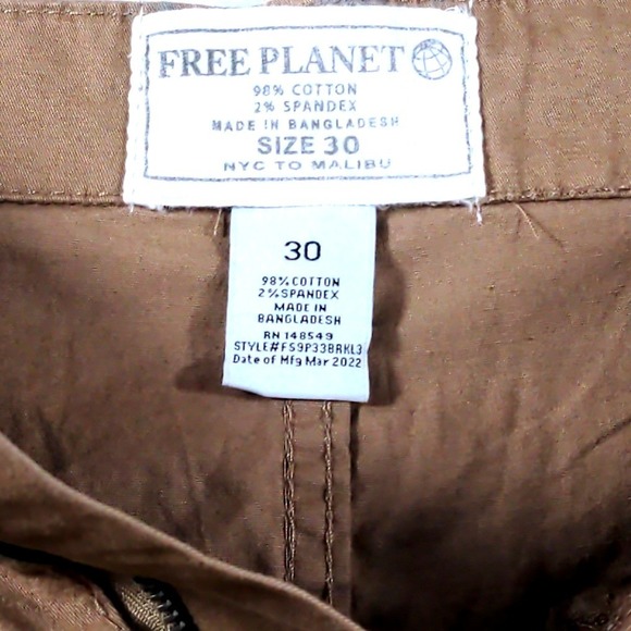 Free Planet Mens Size 30 Chino Shorts Cotton Spandex Brown Casual Flat Front - Picture 5 of 8